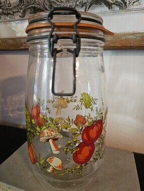 Vintage French Glass Clamp Jar – Mushrooms Tomatoes Vegetables – Made in France